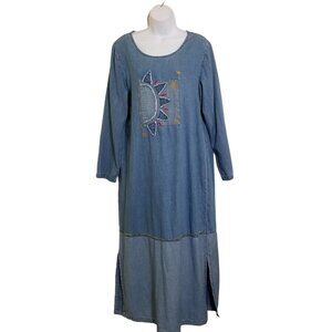 Vtg Bleu Bayou Dress Women's M Blue Chambray Maxi Cottagecore Sun Star Celestial